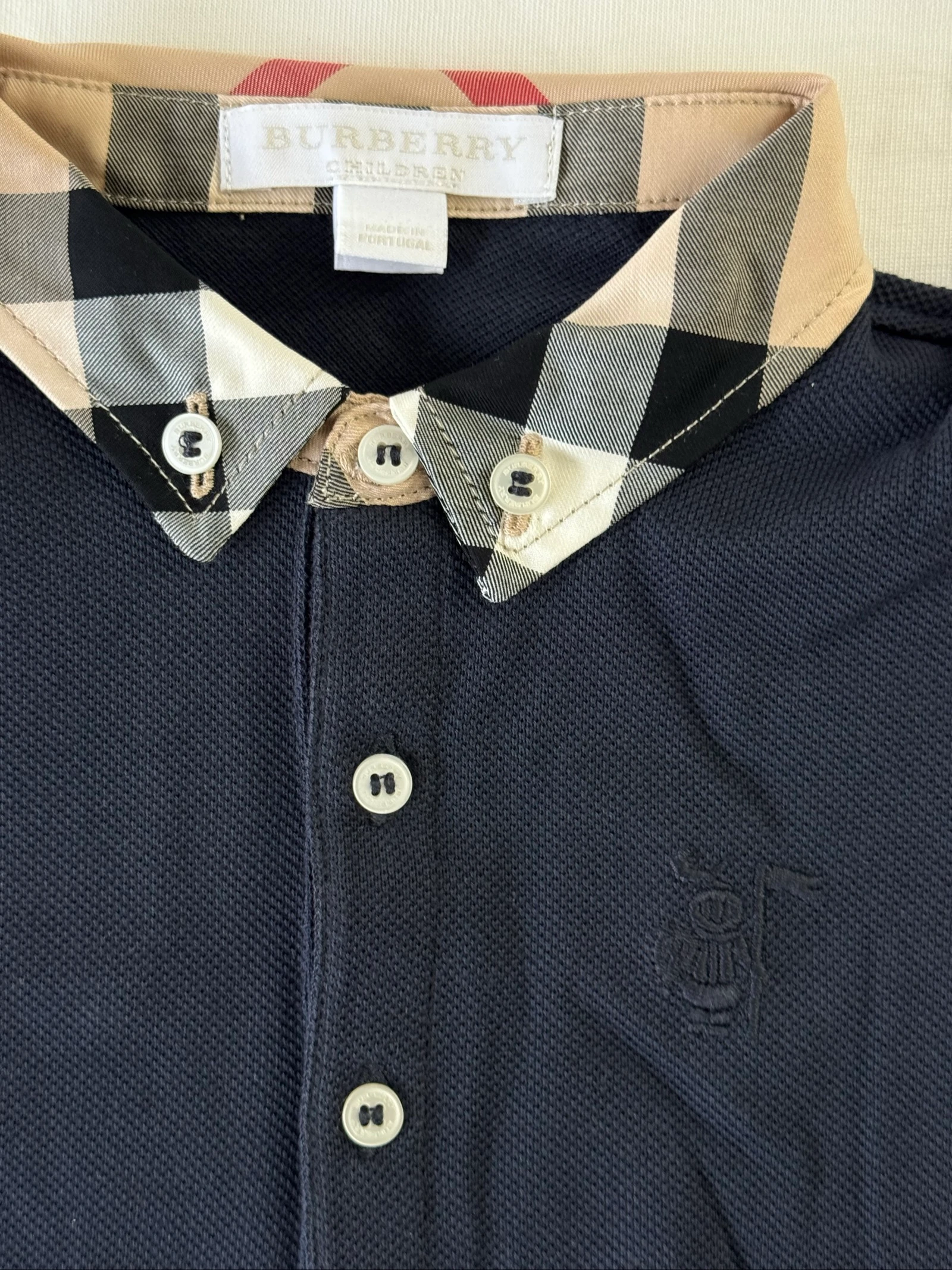Navy blue piqué polo with plaid fabric collar – photo 3
